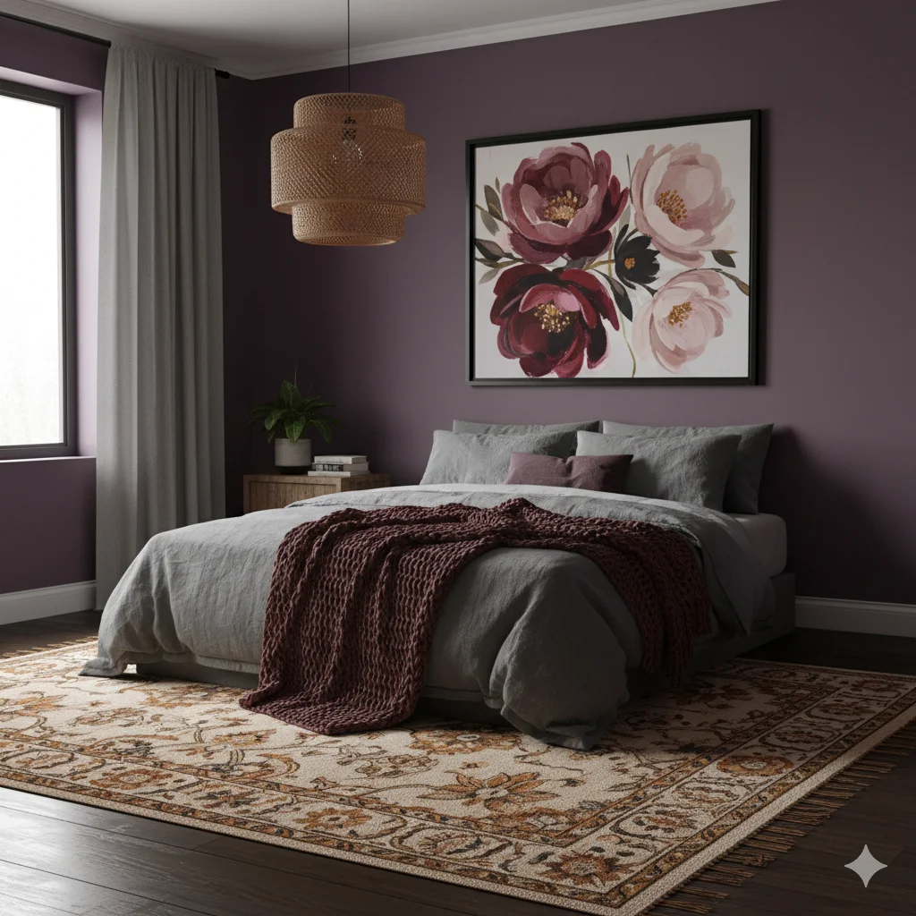 Gray-Purple, Charcoal and Berry Accents Moody Bedrooom