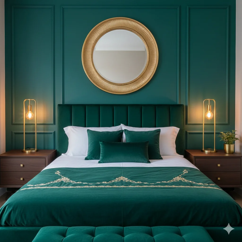 Luxurious Emerald Green Bedroom mettalic accent 