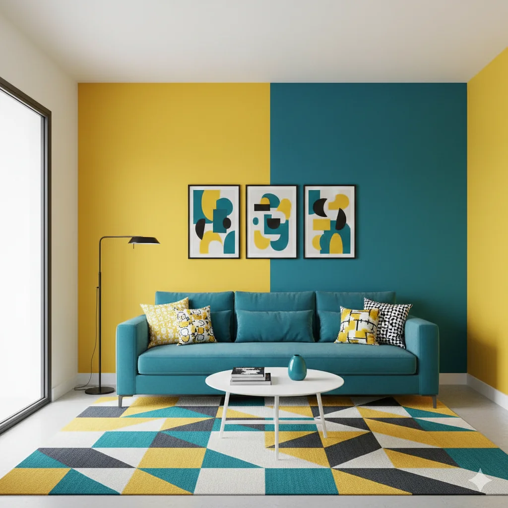 Yellow Aesthetic Room Ideas
A vibrant living room with teal and yellow walls, a teal sofa, and a geometric rug.
