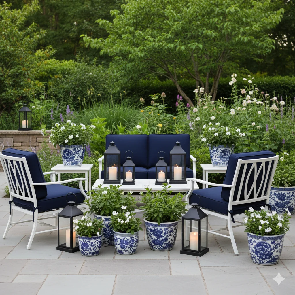 A white outdoor seating area with navy blue cushions, blue and white planters, and lanterns in a lush garden setting.