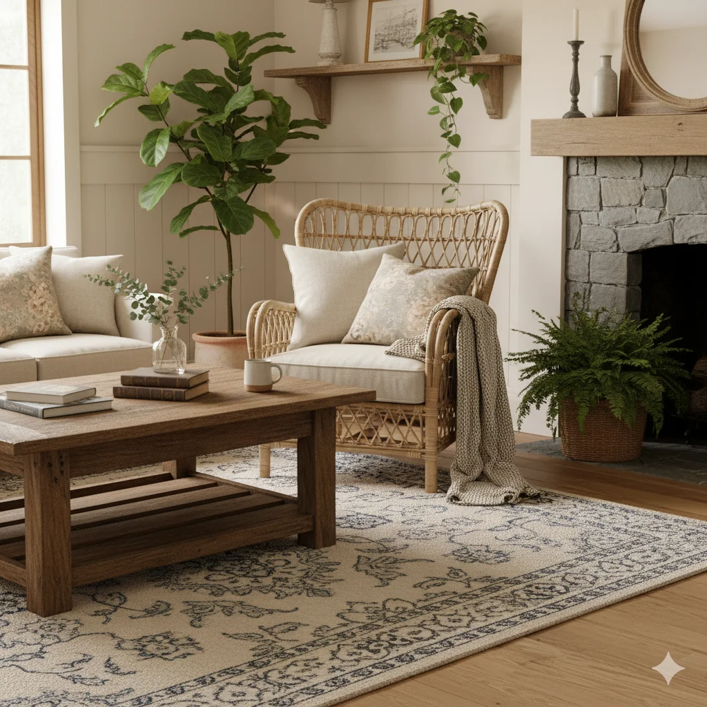 A cozy living room featuring a wicker chair, a wooden coffee table, a couch, a stone fireplace, and several green plants. The room has a neutral, natural aesthetic.