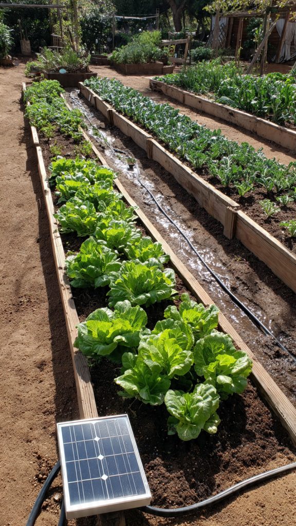 Raised Beds with Solar Irrigation — vegetable garden with visible solar panel and drip lines