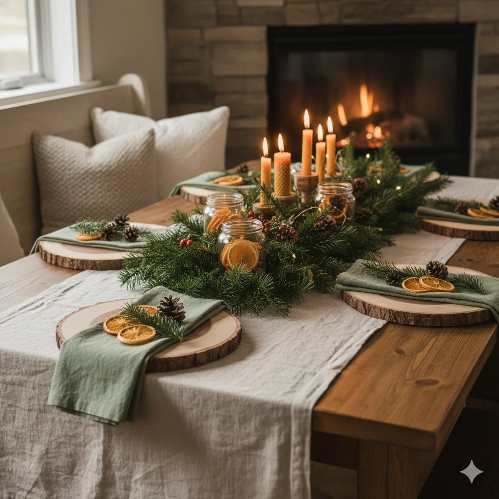 A cozy dining table set with natural, rustic Christmas decor, including evergreen branches, pinecones, dried orange slices, and lit candles by a fireplace. 