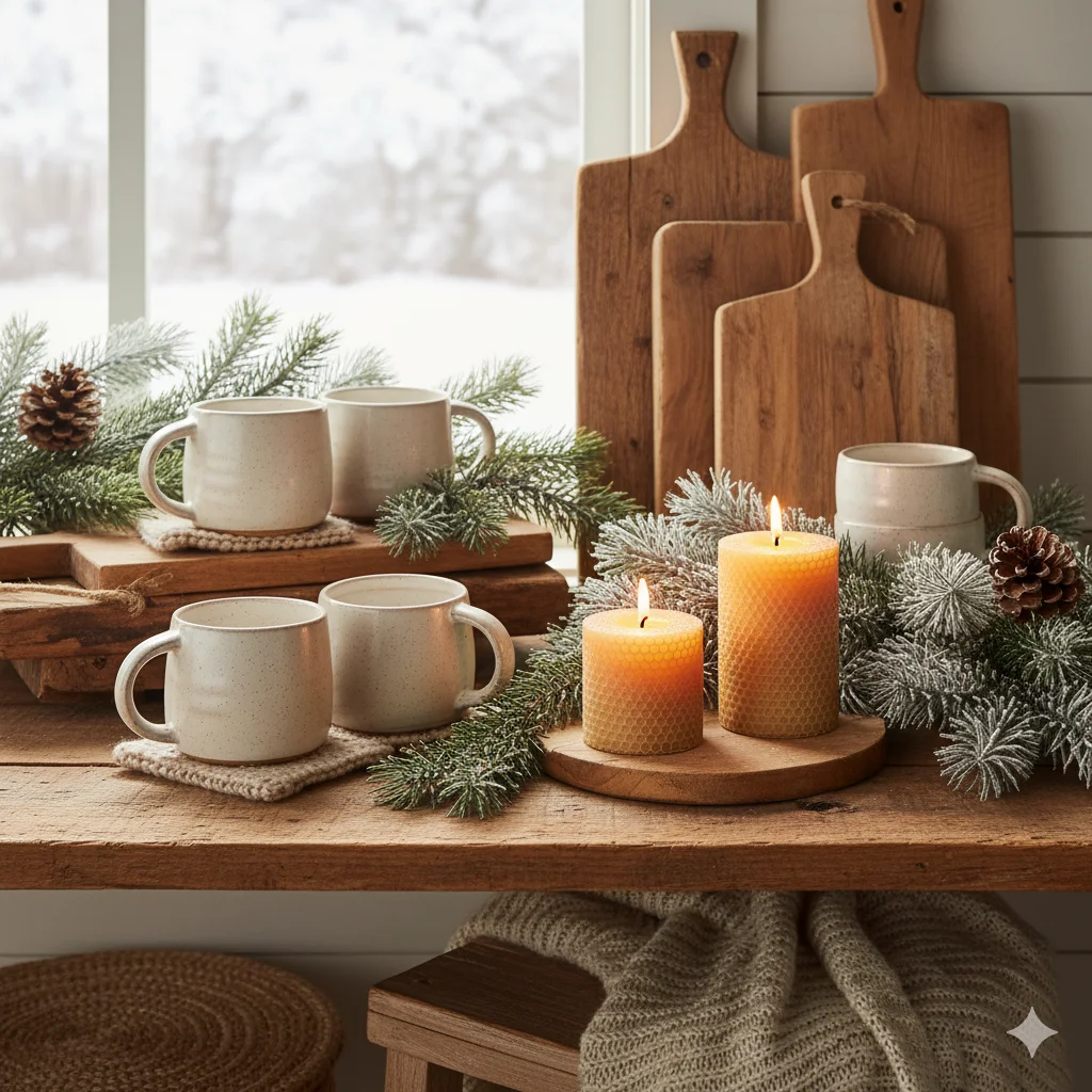  Rustic winter decor with mugs, cutting boards, pine boughs, and lit candles.