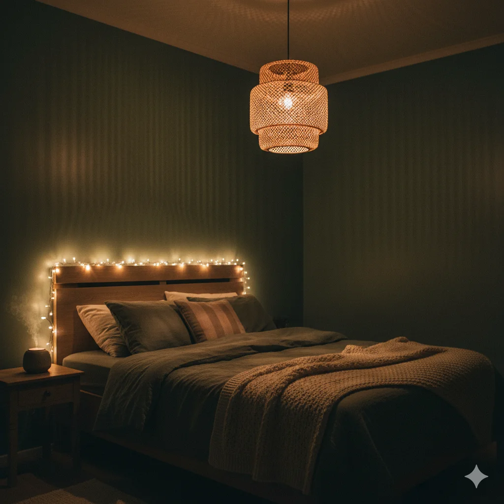 Sage Green Bedroom with fairy string lights and rattan pendant lamp