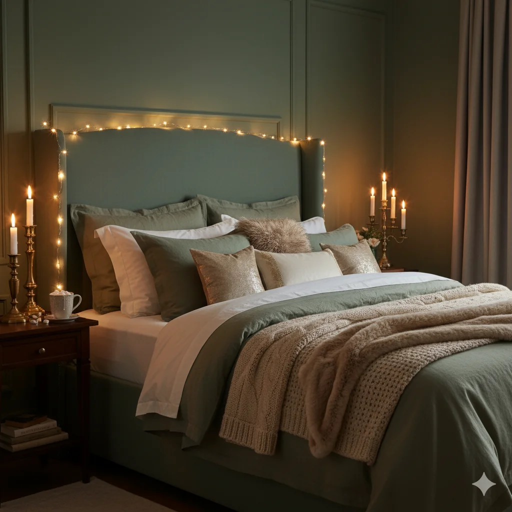 Sage Green Bedroom with Cozy Seasonal Touch
Walls and Headboard: The walls and the upholstered headboard are a soft, muted green, creating a calm and cohesive backdrop.
Bedding: The bedding consists of a green duvet cover that matches the walls, complemented by white sheets and pillows. A chunky knit throw blanket in a light beige or tan color is draped over the bed.
Accents: The room is accented with gold-toned items, such as the candlesticks and the decorative pillows on the bed. The curtains are a neutral taupe or light brown color, and the fairy lights emit a warm white glow.