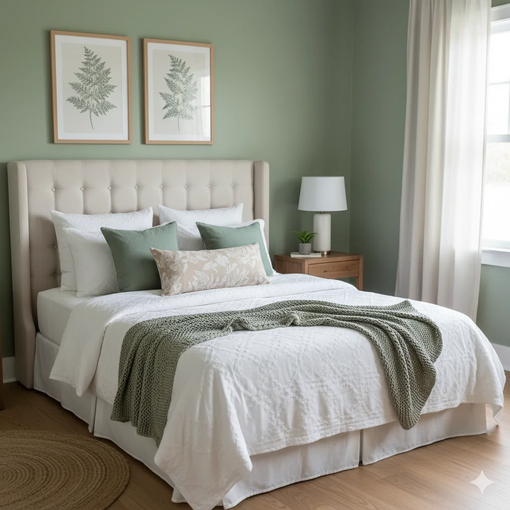 Sage Green Bedroom, a bed with a white comforter, a tufted headboard, and two framed botanical prints on the wall.
