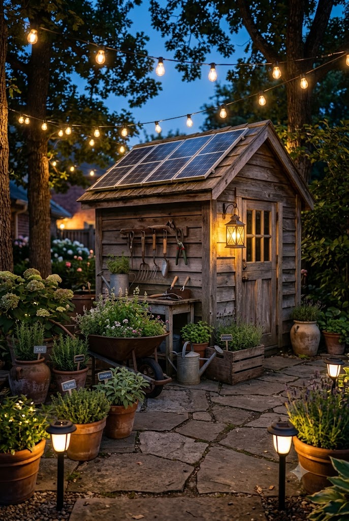 small rustic wooden garden shed with solar panels on its roof