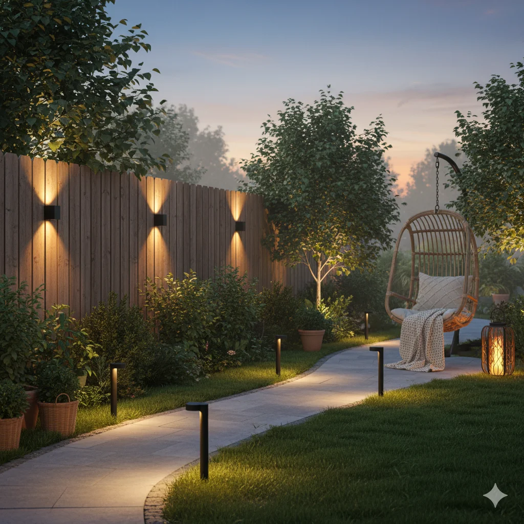 Solar-Powered Garden
A cozy backyard at dusk with a winding path, a hanging wicker chair, and modern solar lighting on a wooden fence and along the path.