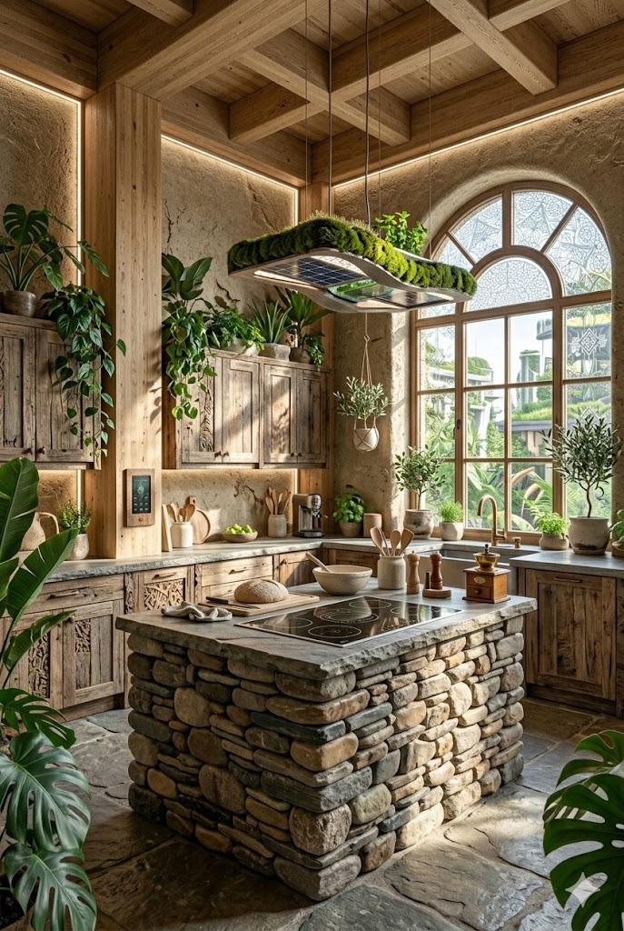 Carbon-Negative Materials in a solarpunk kitchen