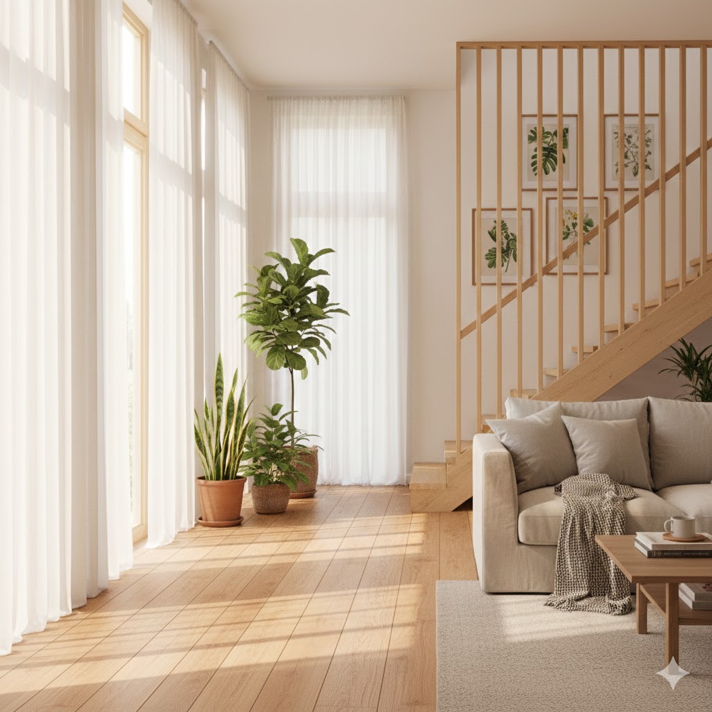 sun-drenched, bright and airy living room with cozy and light furniture minimalist decor