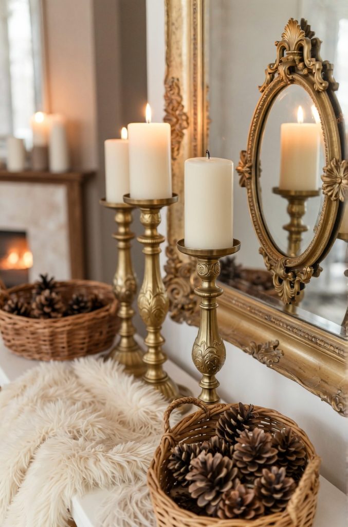 A cozy, rustic scene featuring three lit candles in gold candlesticks, several baskets of pinecones, a fluffy throw blanket, and an ornate gold mirror.