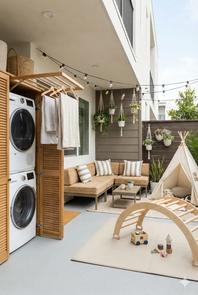 A stylish outdoor Tiny Backyard patio featuring a hidden laundry area, a comfortable seating arrangement, and a children's play space. The scene includes stacked white washer and dryer units in a wooden enclosure, a beige sectional sofa with striped pillows, a small wooden coffee table, numerous hanging plants, string lights overhead, a white teepee, and a wooden climbing arch on a soft play mat.