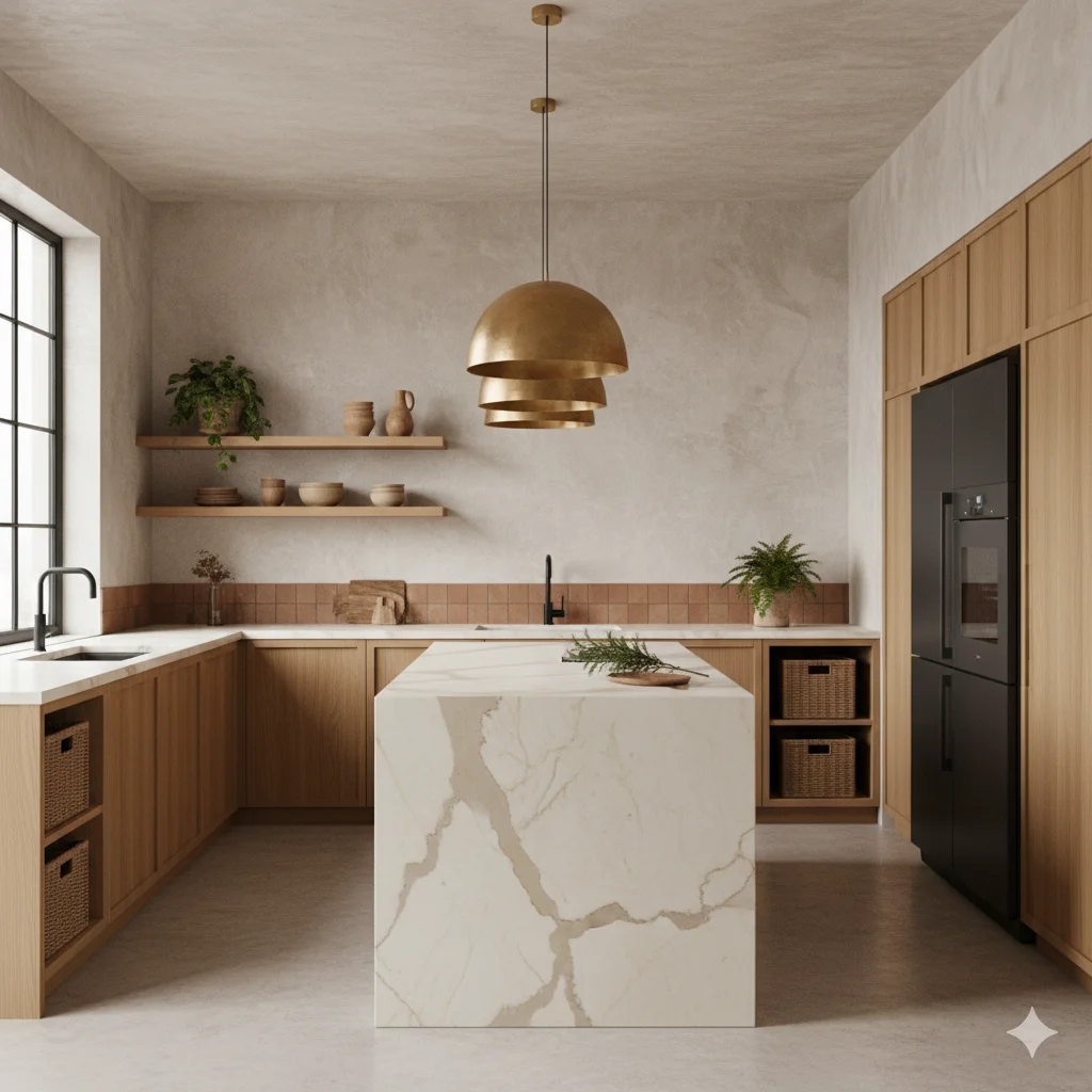 Kitchen Materials and Finishes: A modern kitchen with light wood cabinets, a white marble-look island with brown veining, and a unique gold pendant light.