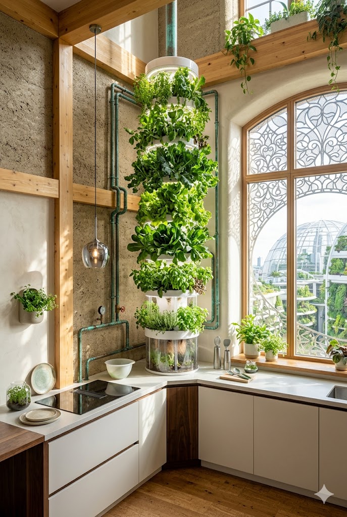 Solarpunk kitchen with a tall floor-to-ceiling vertical aeroponics tower