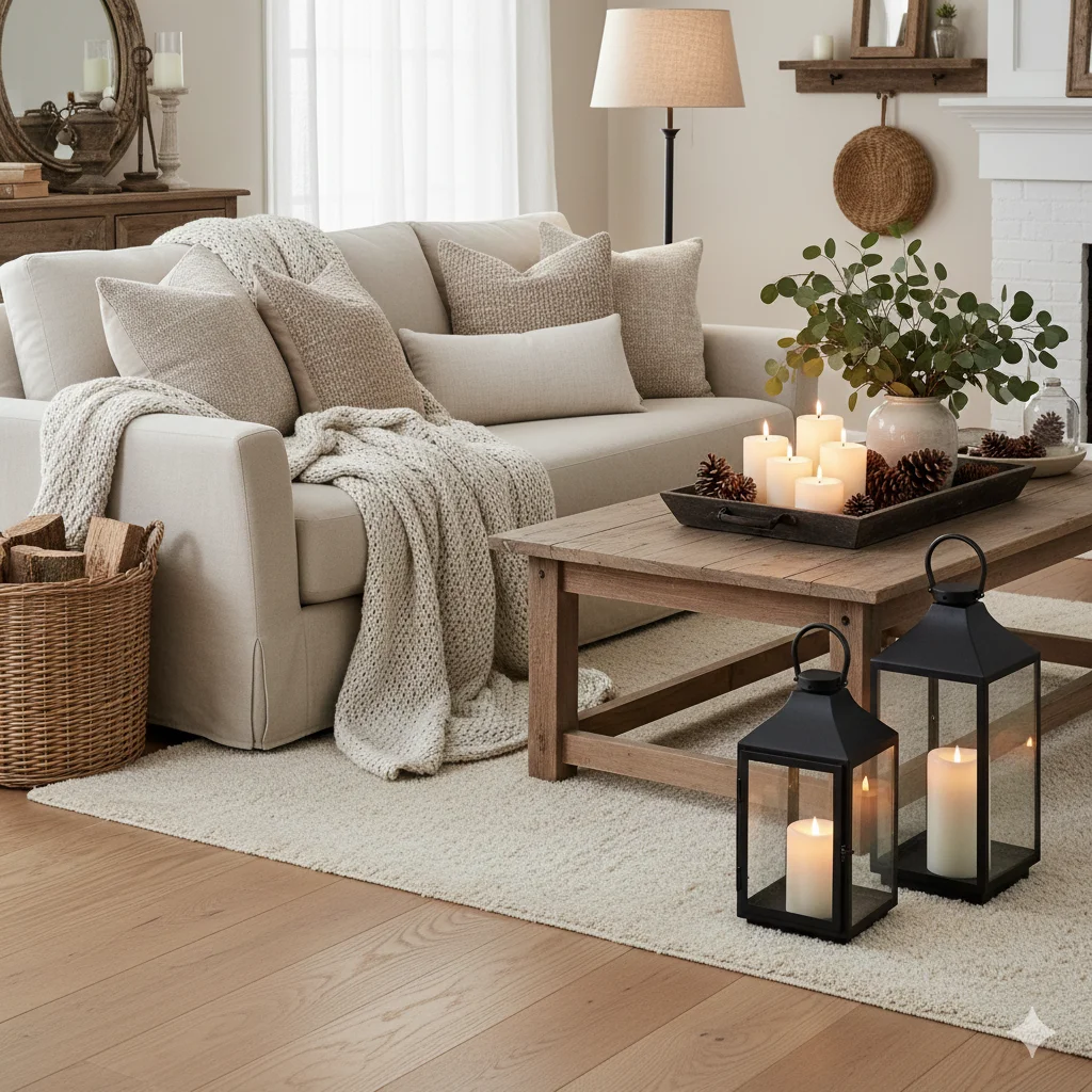 A cozy winter farmhouse living room featuring a light-colored sofa, a wooden coffee table with candles and pinecones, and two black lanterns on a rug.