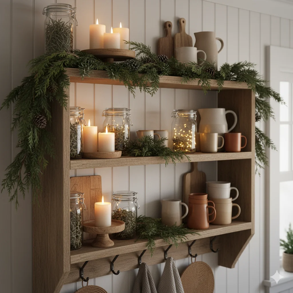 A wooden shelving unit decorated with holiday greenery, candles, mugs, and jars.