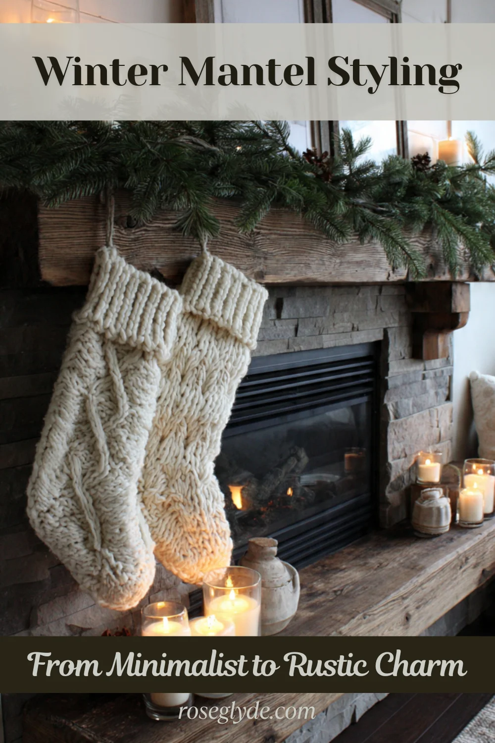 Winter Mantel Styling A cozy, rustic Christmas scene with two knitted stockings hanging from a wooden mantelpiece decorated with an evergreen garland and lit candles.