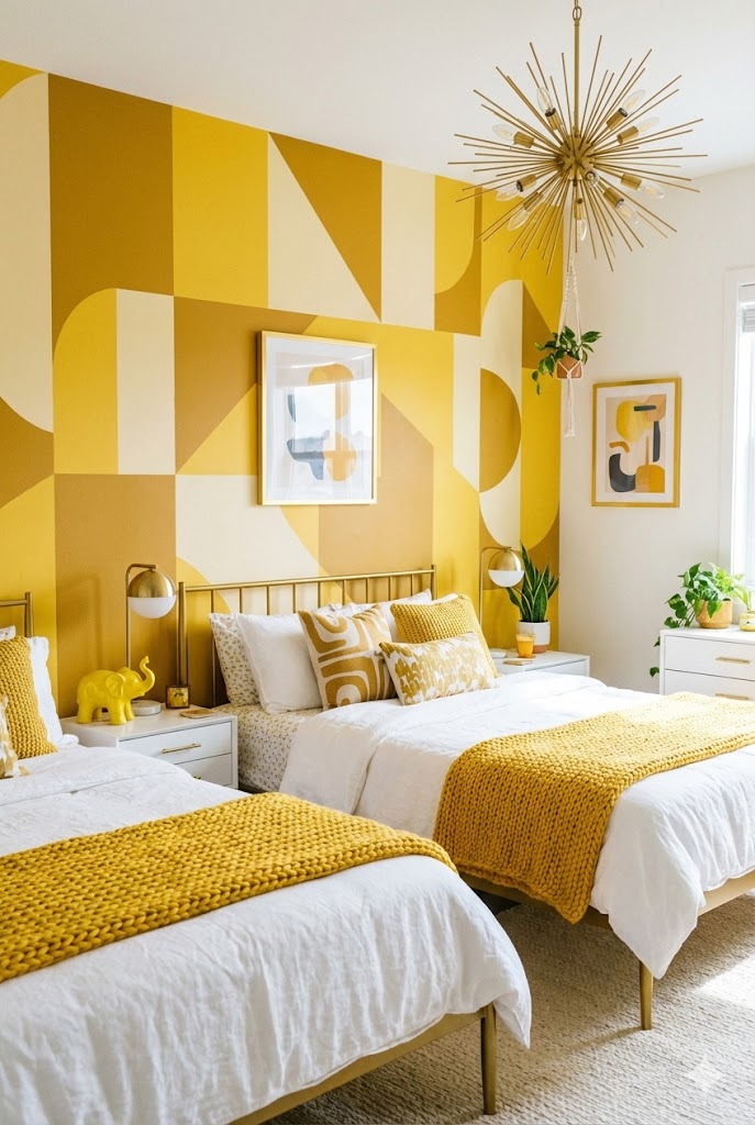 Yellow Aesthetic Room Ideas
a bright yellow bedroom with a large geometric mural and two beds.
The room features a striking yellow and white geometric mural on the accent wall, two beds with white linens and yellow throws, gold light fixtures including a sputnik chandelier, and several potted plants. The overall design is modern and vibrant.