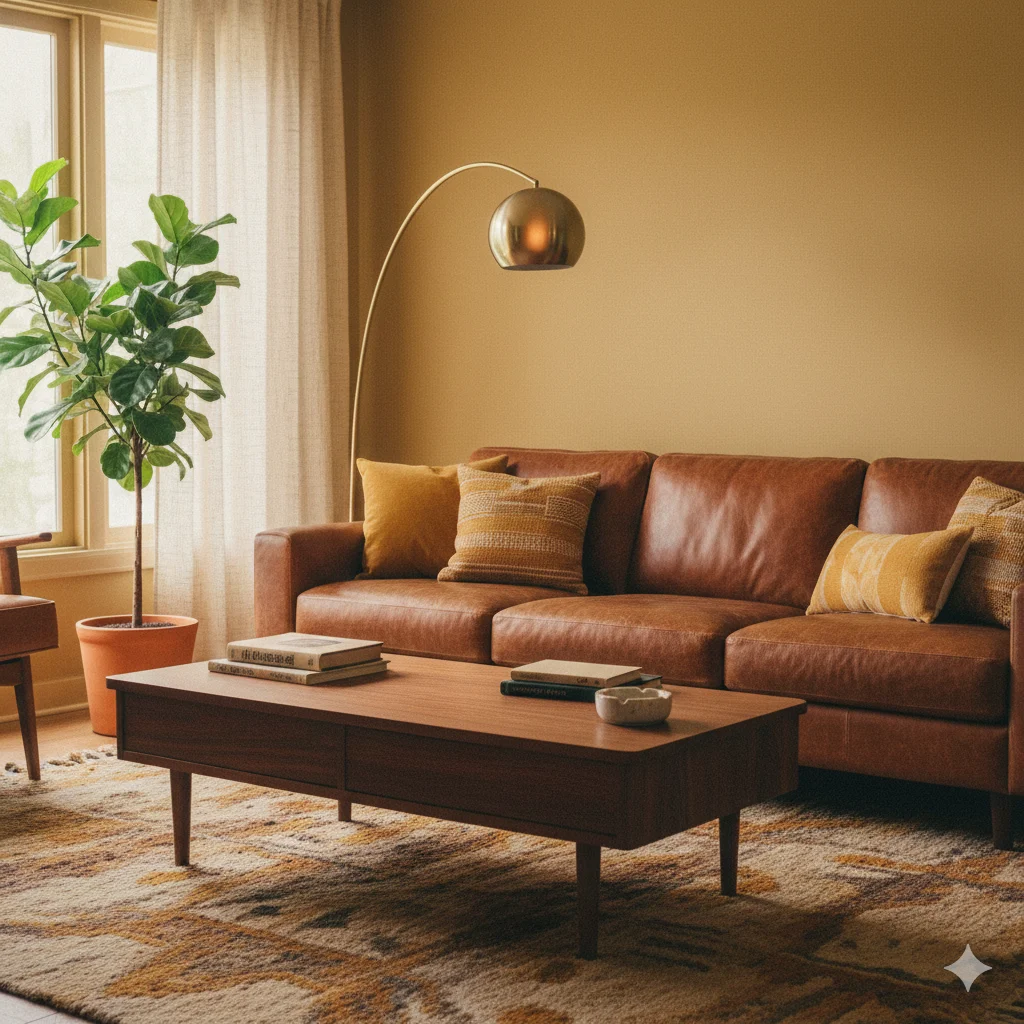 Cozy, Retro & Earthy living room with Yellow and Brown color combination