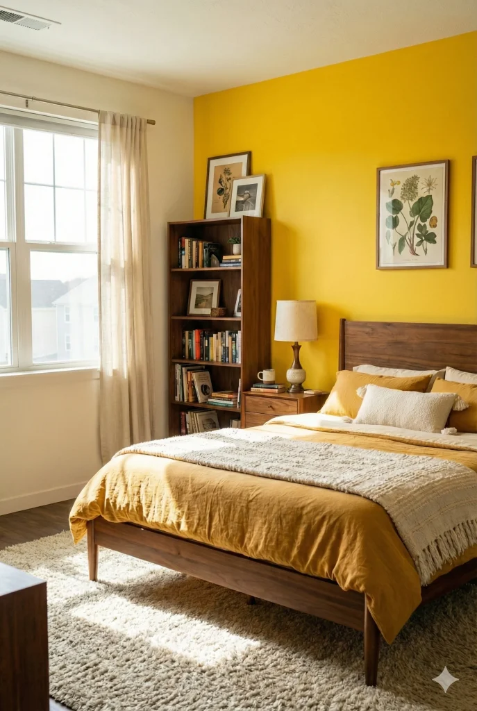 sunflower-yellow accent wall bedroom, cozy white-linen bedding, natural sunlight, warm wood nightstands, indoor plants, minimal modern décor, soft shadow