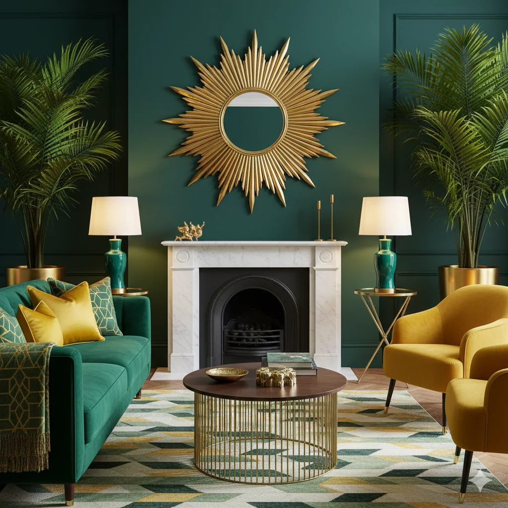 A stylish living room featuring a green velvet sofa, a yellow armchair, a white fireplace with a black insert, a large gold sunburst mirror above the mantle, two table lamps, and two tall potted plants.
