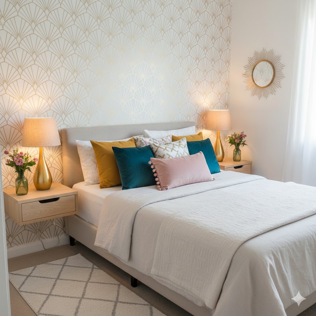 Budget-Friendly Art Deco-inspired bedroom with peel-and-stick geometric wallpaper, velvet cushions, gold spray-painted decor accents, warm bedside lamps, light-neutral bedding, small-space styling, softly lit, clean and chic,