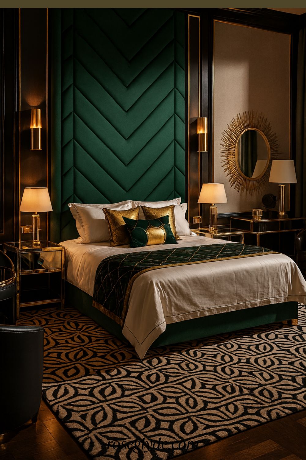 A luxurious Art Deco bedroom with a tall emerald green velvet geometric headboard, black-and-gold color palette, brass wall sconces, mirrored nightstands, geometric patterned rug, satin bedding, soft warm lighting, curved deco furniture, dramatic shadows, high-end editorial interior photography, rich textures