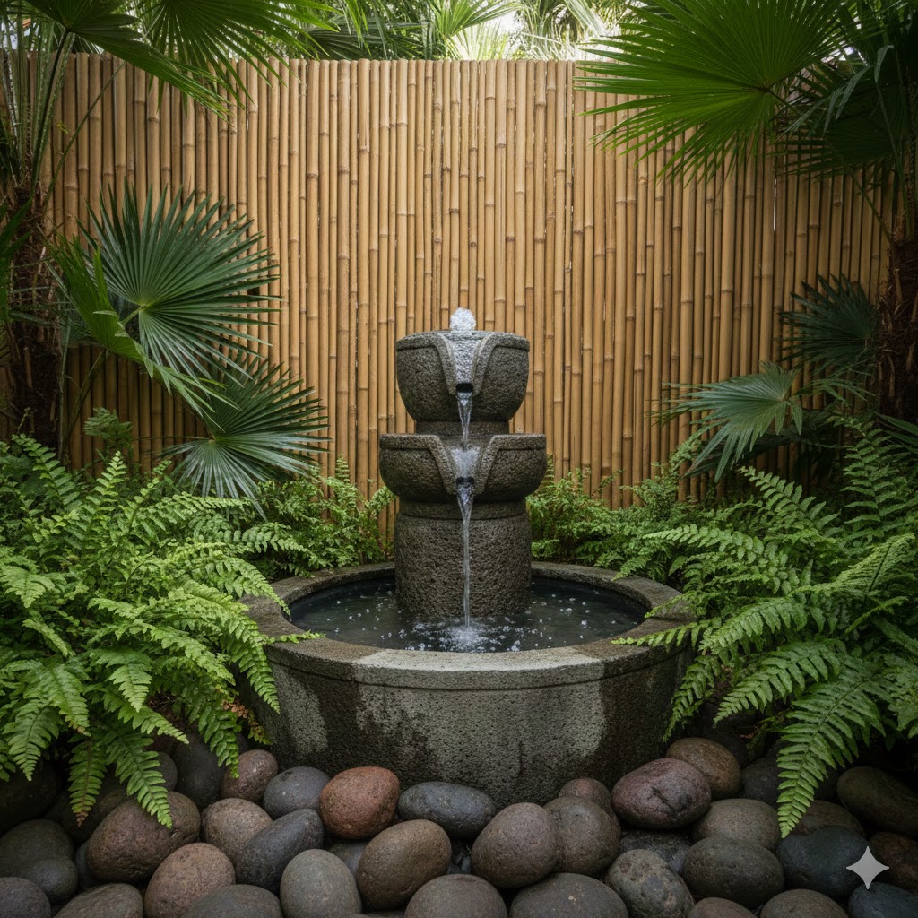 Bali Retreat Garden Water Feature bamboo fence for privacy wall and tropical plants