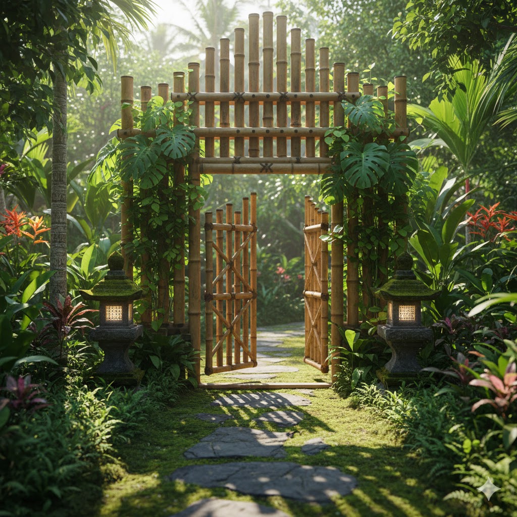 Bali Retreat Garden bamboo gardenn gate, Stepping stones Pathways and Hardscaping for Serene Bali Aesthetic 