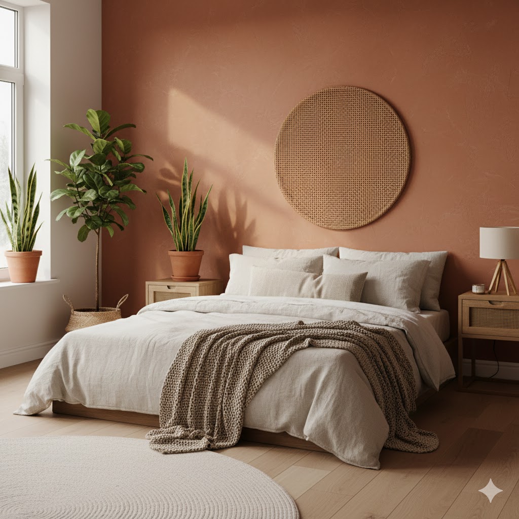 Warm Minimalist and boho style Interior Design Focal Point in bedroom