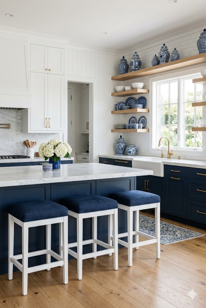 Blue and white kitchen with ceramic ginger jars