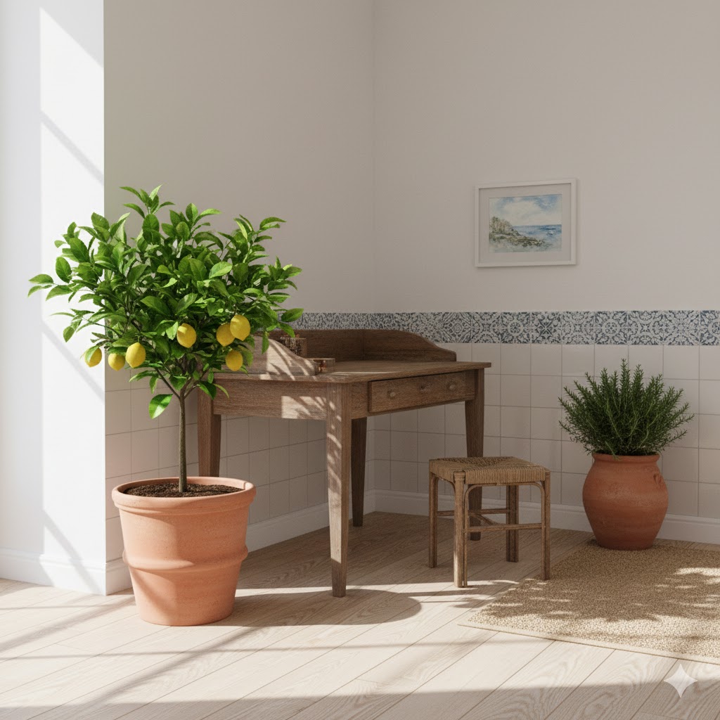Capri Style Coastal Home Office Nook with lemon tree