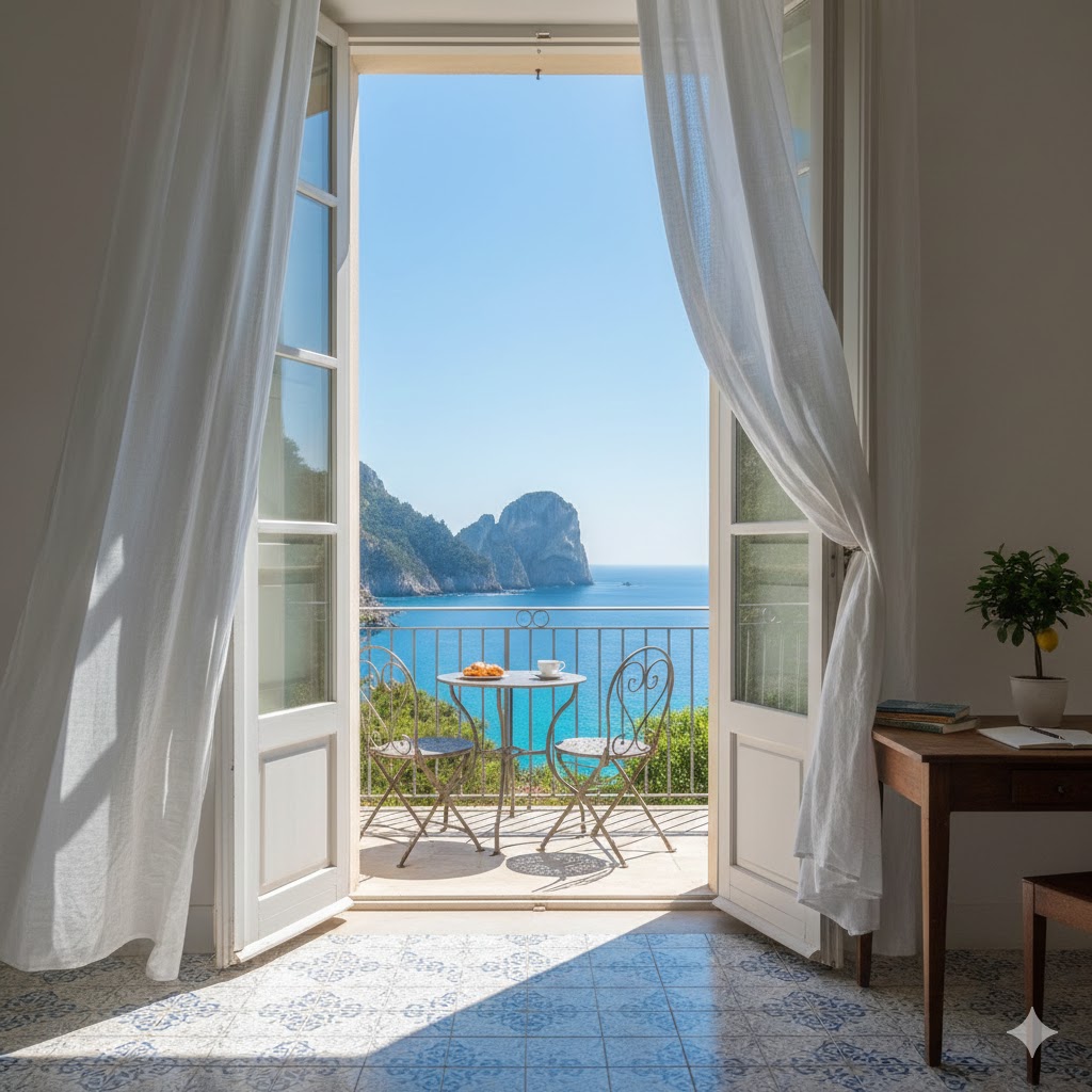 Capri Style Coastal Home Office with balcony