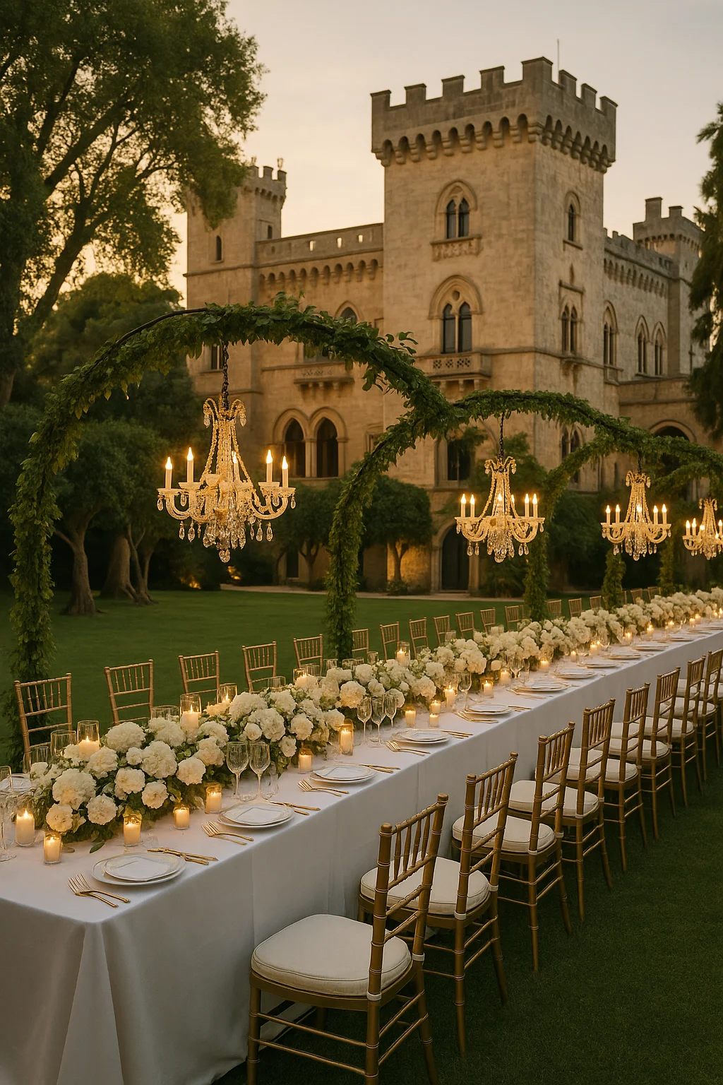 A long, elegant outdoor dining table set for a formal event with white flowers, candles, gold chairs, and crystal chandeliers under vine-covered arches, in front of a large stone building.