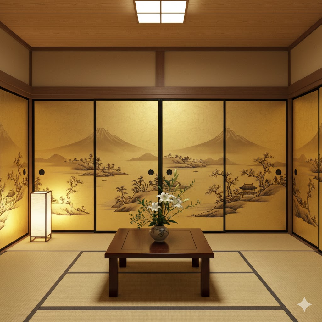 Japanese washitsu room
A traditional Japanese washitsu  room featuring golden Fusuma-style sliding doors and tatami mats.
