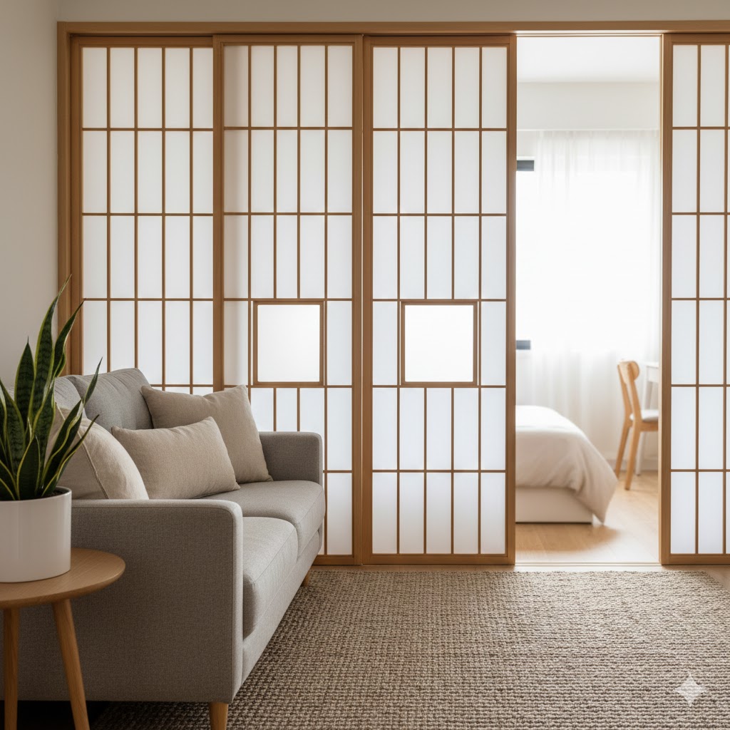 A modern Japanese living room featuring a grey sofa and a potted plant, separated from a bedroom by large, wooden shoji sliding doors. 