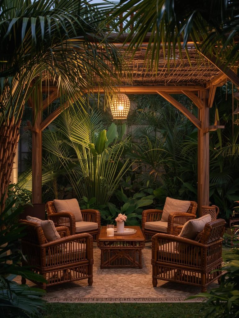 Bali Retreat Garden with lush tropical plants and outdoor seating nook 
Tropical Serenity with Bamboo