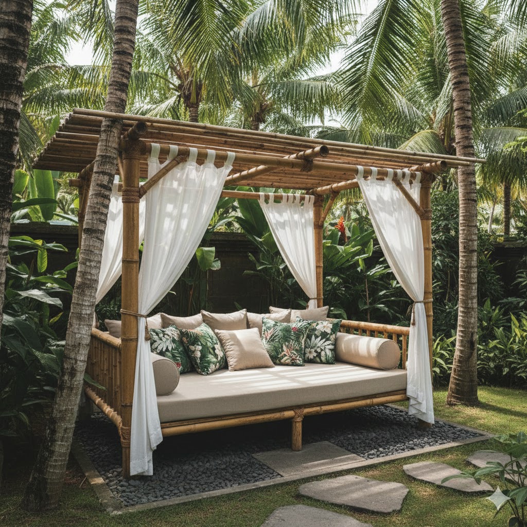 Bali Retreat Garden with bamboo pergola and daybed for relaxing nook 