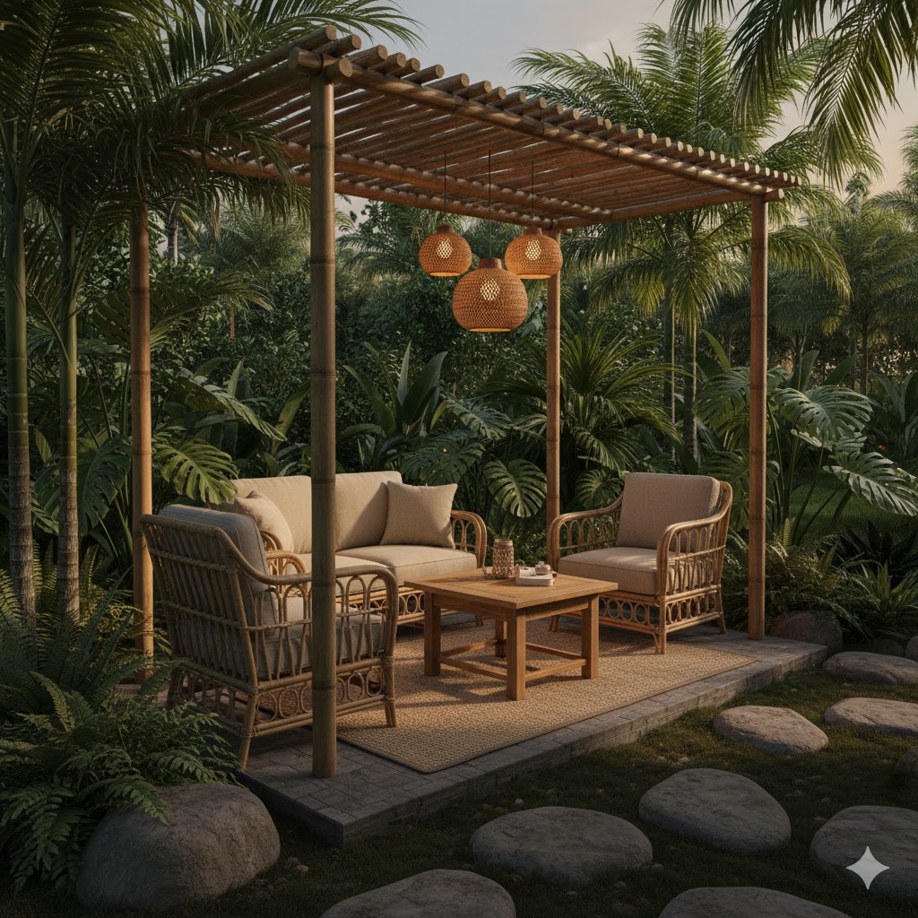 Bali Retreat Garden nook with Rattan or wicker lounge chairs
