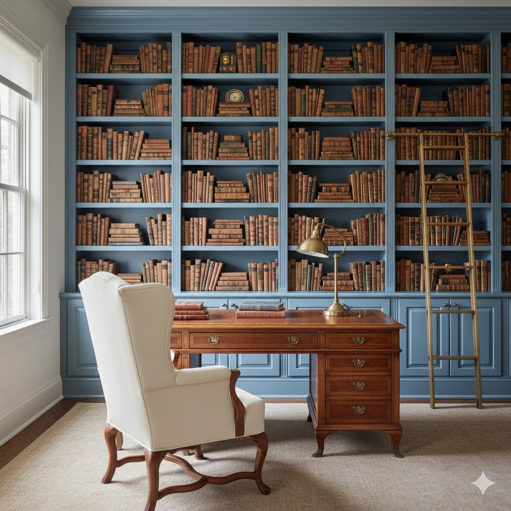 Dusty Blue Home library and home office