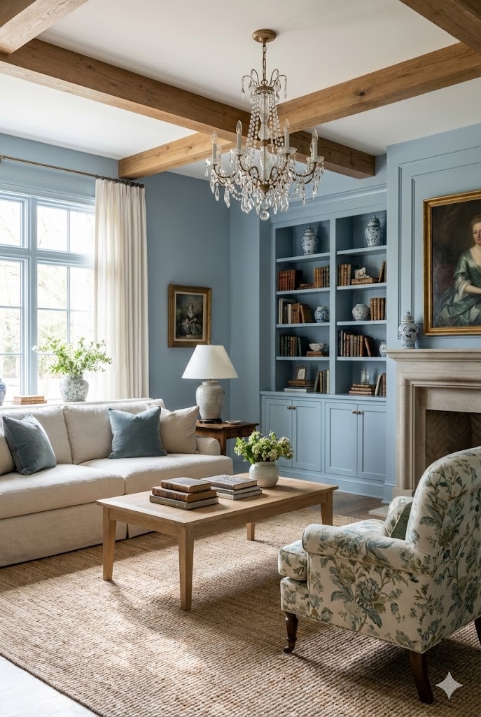 Dusty Blue Home Décor, Dusty Blue built-in bookshelf, Dusty Blue living room