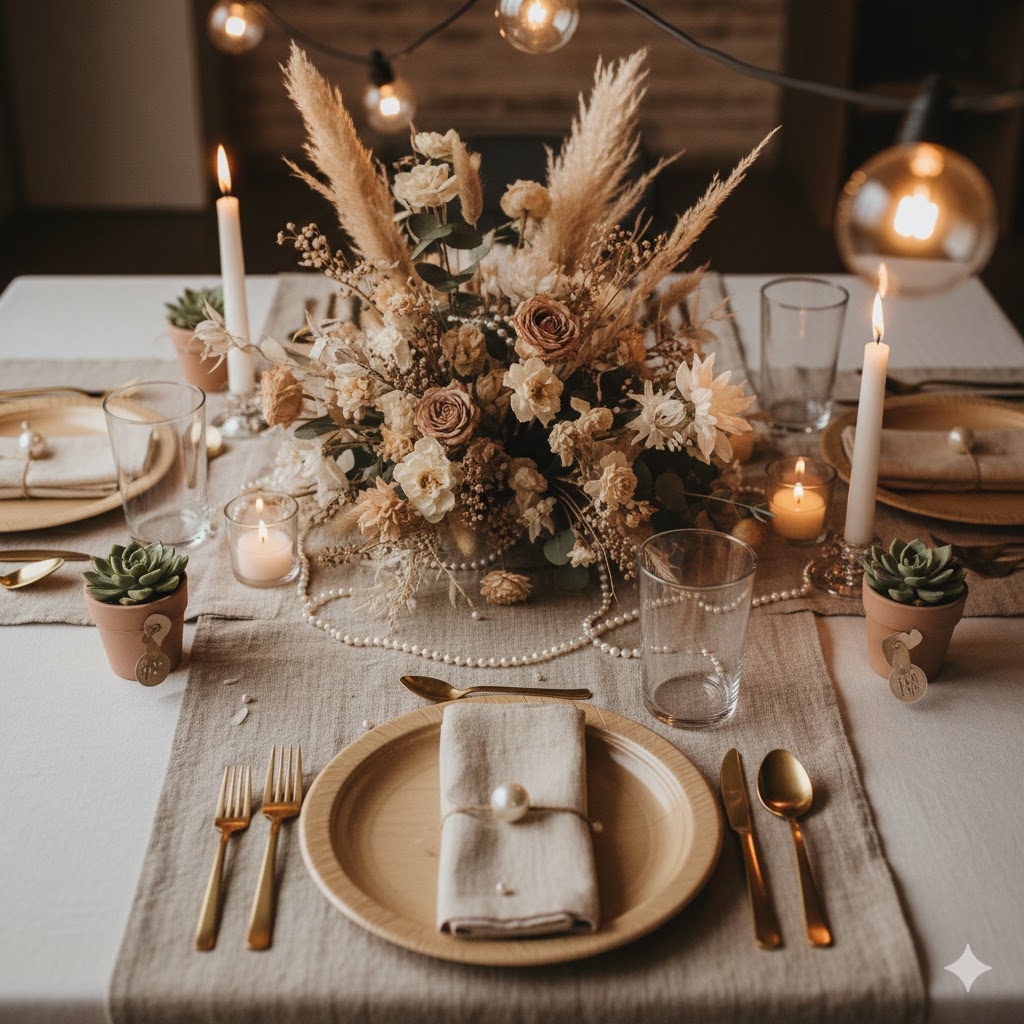 Natural and eco‑conscious elements of Pearlcore Wedding with blend of Boho 