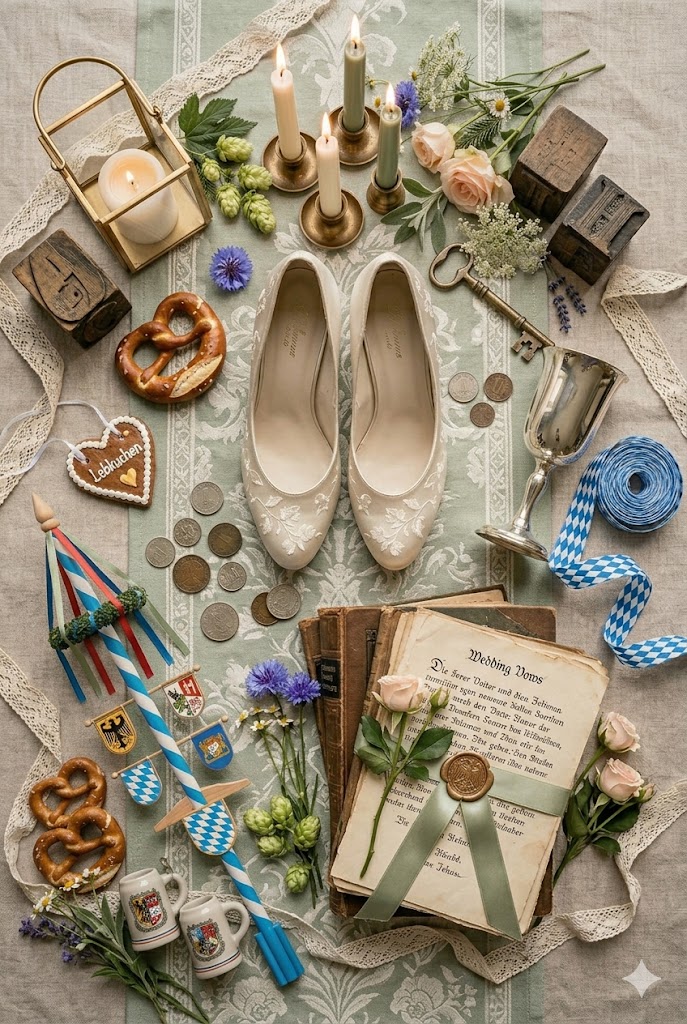 German-American Cultural Wedding Traditions and Customs, embroidered Brautschuhe, Maibaum & Flags, Miniature Beer Steins, Diverse Wildflowers and Heritage Seal, romantic European countryside aesthetic