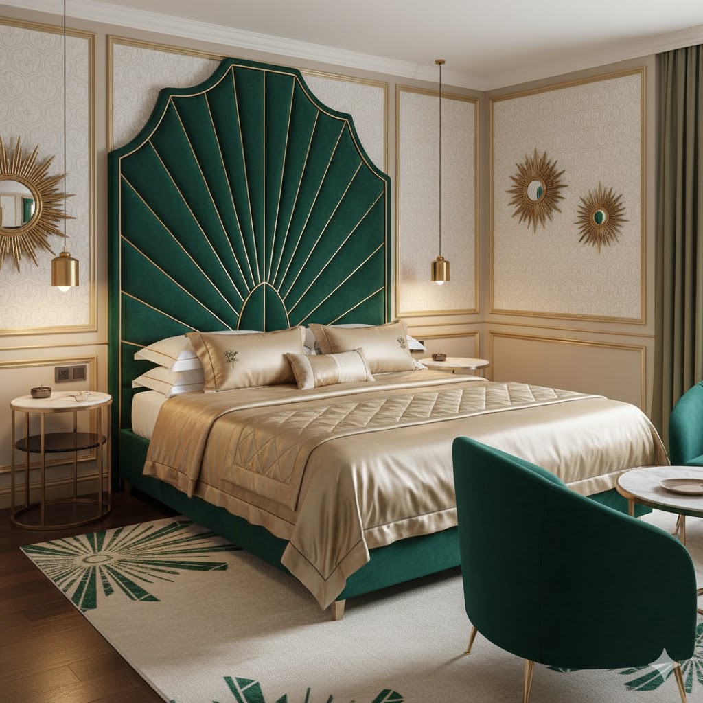 Champagne & Emerald Luxe Deco (Hotel Suite Style) Art Deco bedroom featuring an emerald velvet headboard, champagne gold bedding, brass pendant lighting, marble-topped side tables, sunburst art, shimmering fabric textures, soft glow lighting, rich elegant atmosphere