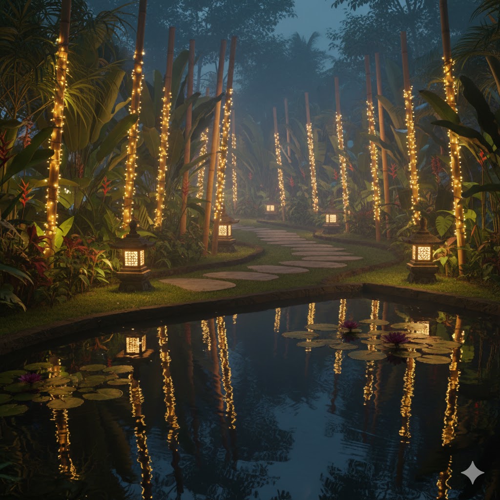 Bali Retreat Garden decor with solar lantern and string lights