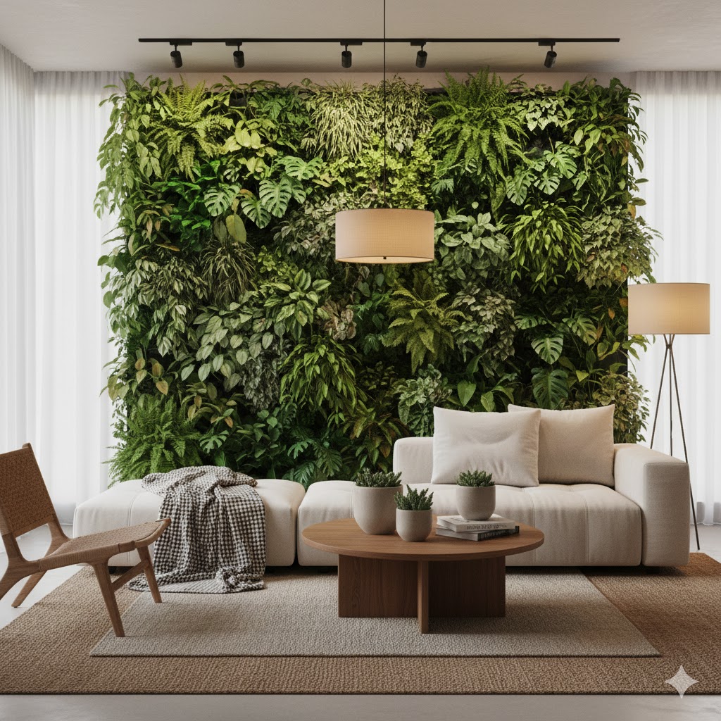 Biophilic and Natural Materials as an Interior Design Focal Point in living room