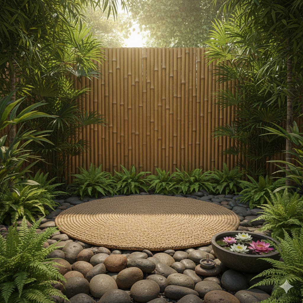 Bali Retreat Garden meditation corner with bamboo work and tropical plants