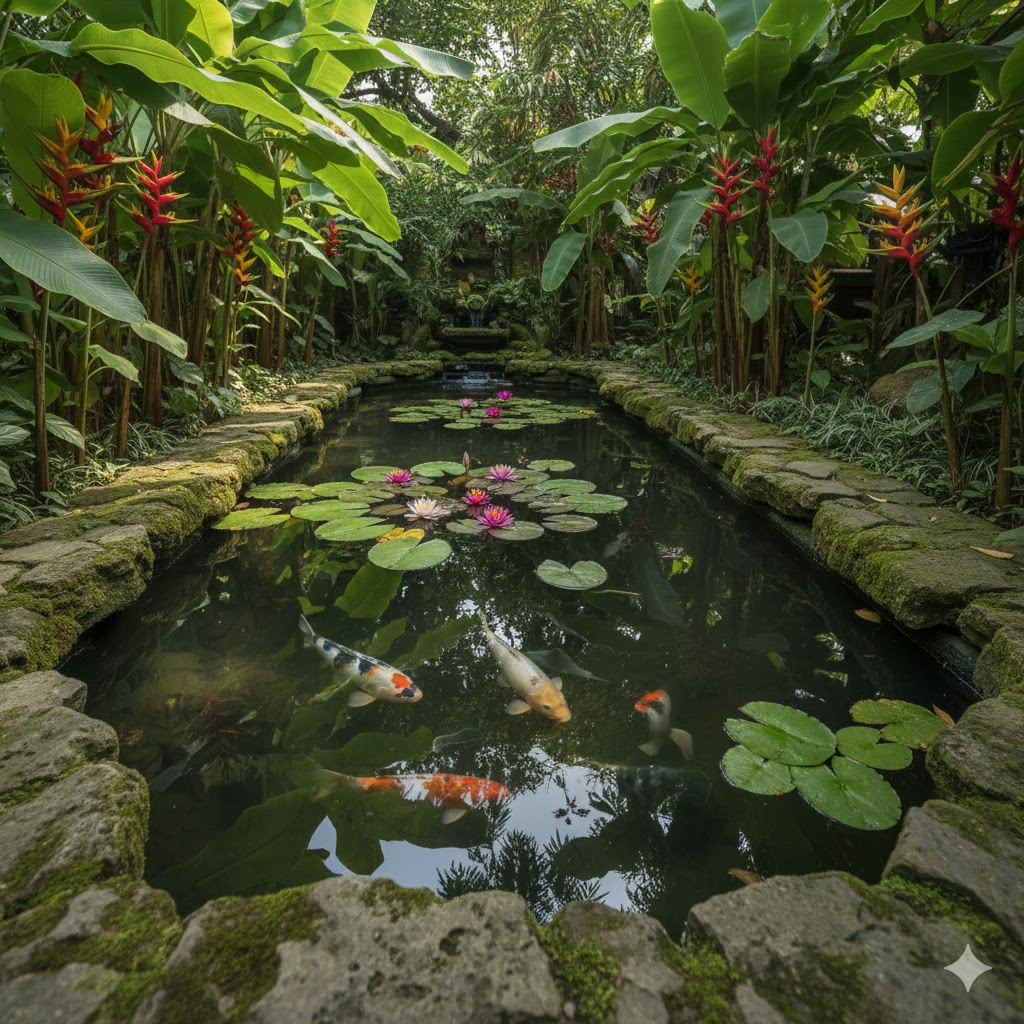 Tropical Plants for Your Garden Palms, Banana plants, ferns or bird of paradise with koi fish pond
