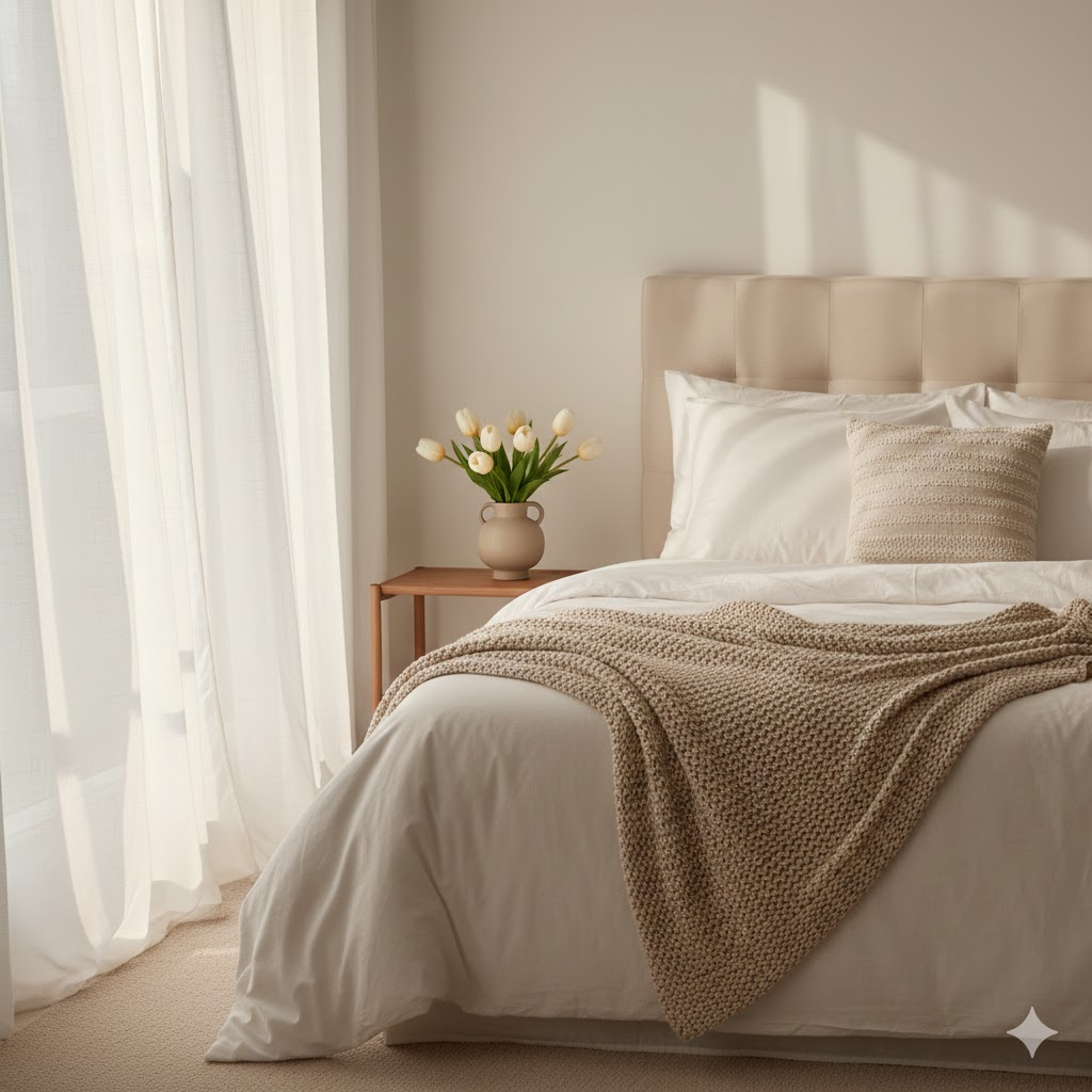 A cozy, neutral-toned bedroom featuring a bed with white linens, a beige knitted throw blanket, and a nightstand with a vase of white and yellow tulips.